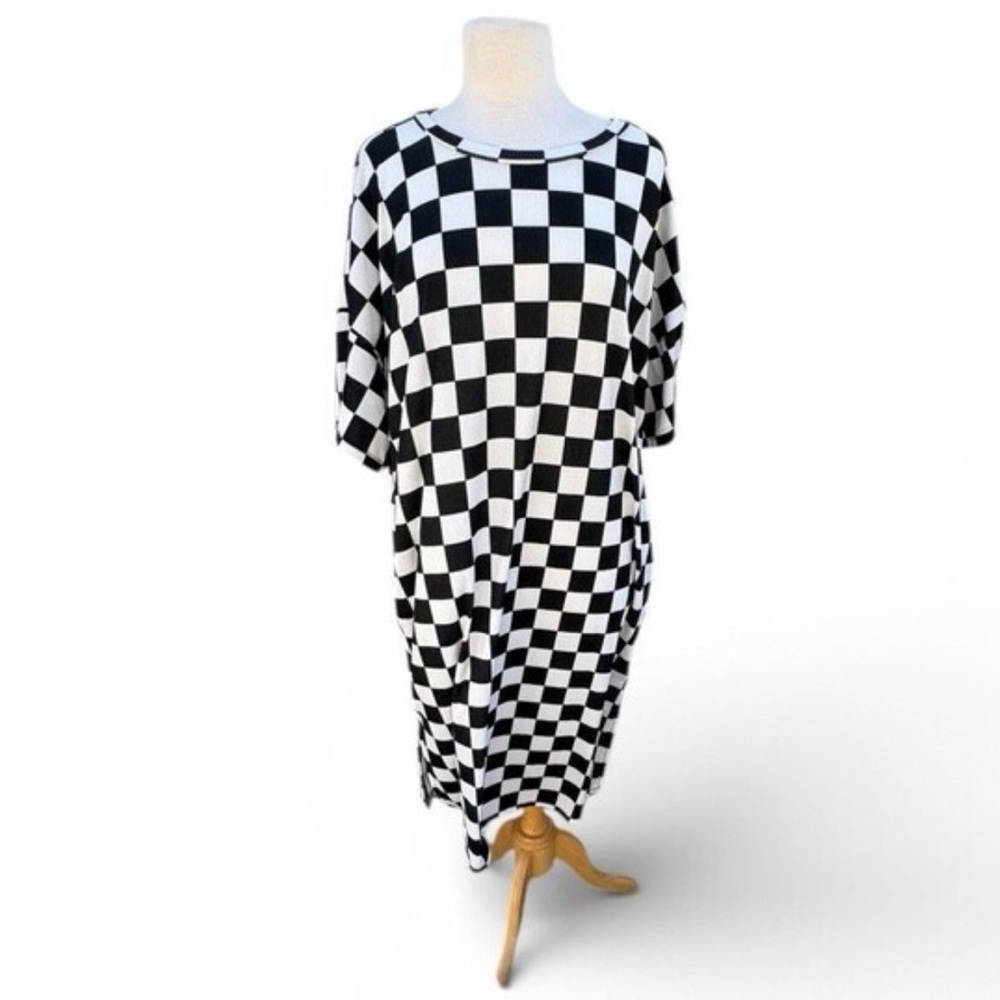 Jade by Jane Black White Checkered Long Dress Women's Size L Short Sleeve